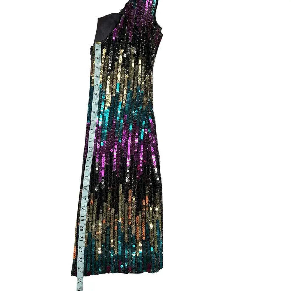 Vintage Alyce 1980s Sequin Mini Party Cocktail Dress Purple Green Gold Sz Med/10